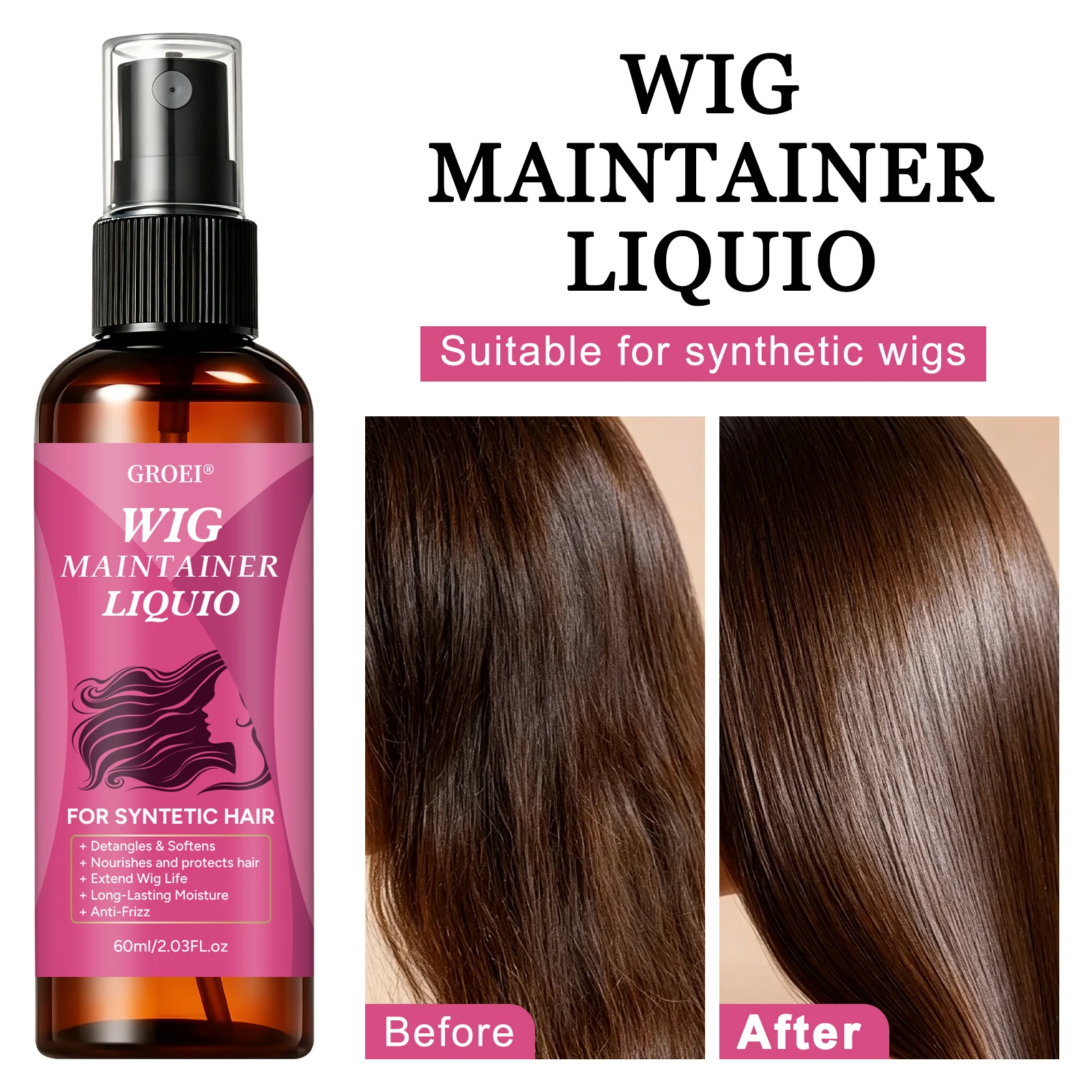 Hair Care - GROEI Anti-Frizz Perückenpflegespray 60ml, Entwirrende Feuchtigkeitsspendende