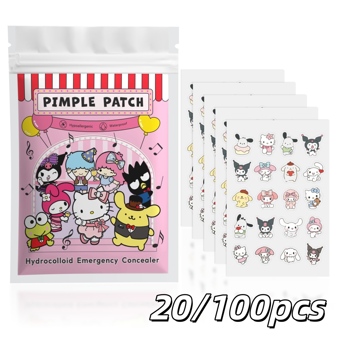 Hydrocolloid Pimple Patch - 20/100 Stück Hello Kitty Hydrokolloid-Pickelpflaster-Set, Niedliche