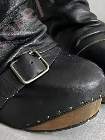 Nail Art - Retro Schwarze Damen-Slouchy-Stiefel mit Keilabsatz, Metallschnalle,